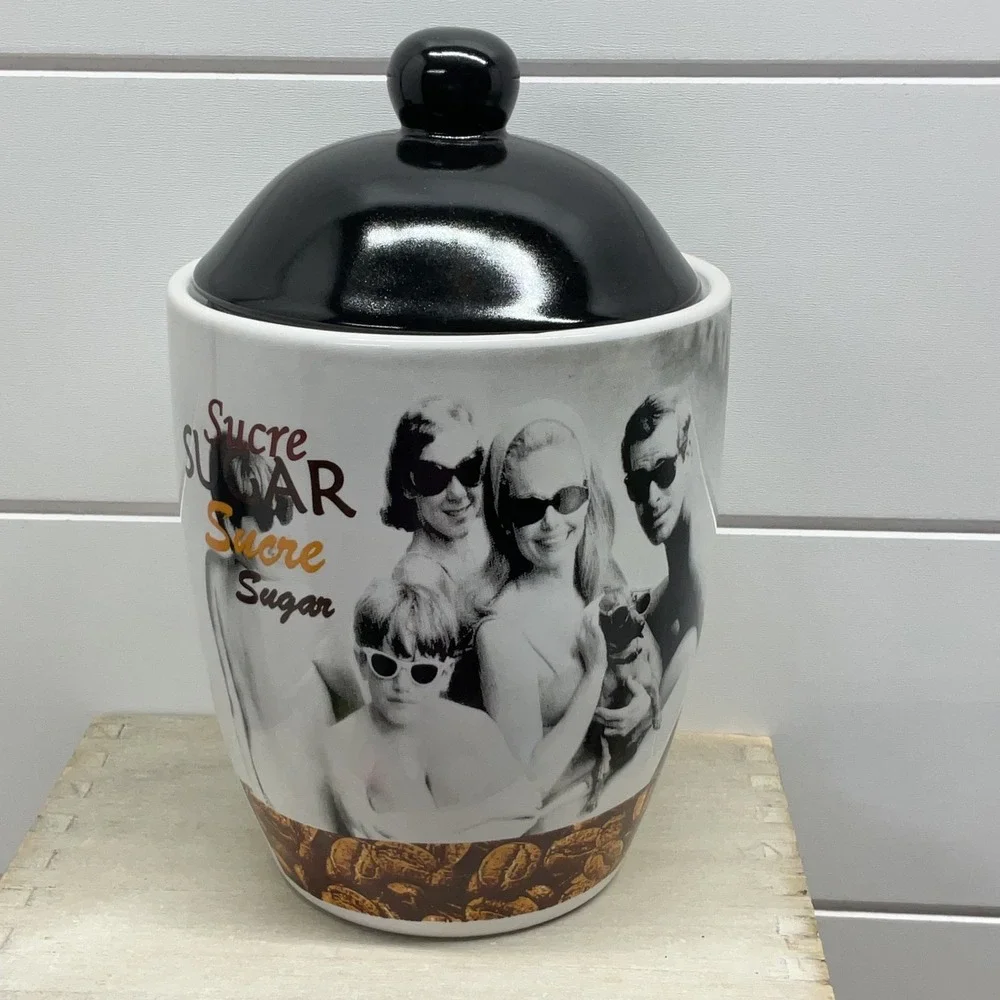 Tannex Italy Porcelain Sugar Canister Retro Family Photo Black White Lid 7.5in